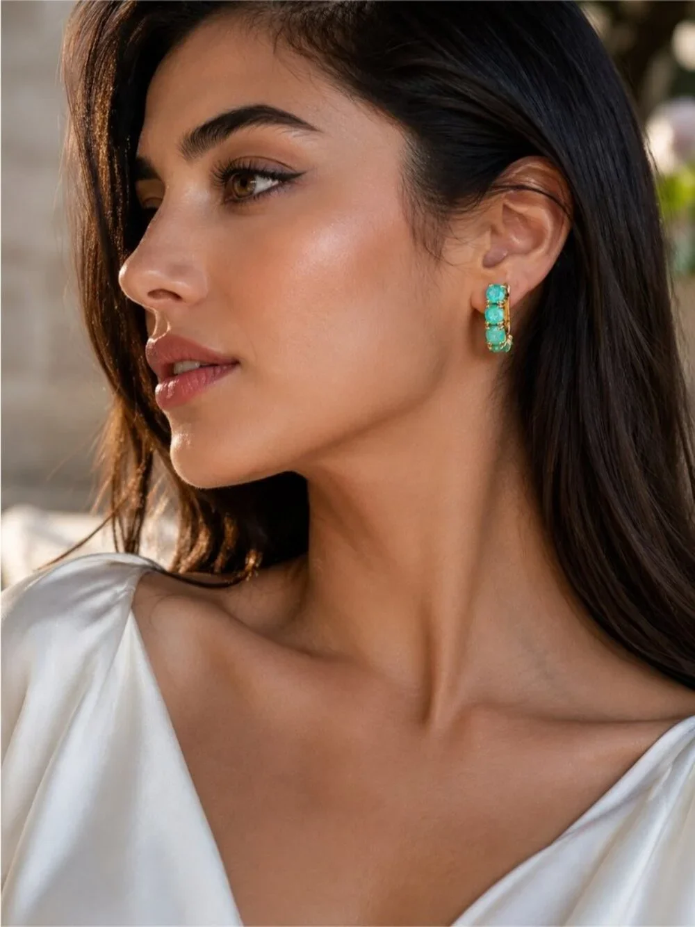 Gold tone Hoops with Emerald Green/ blue Gem Clusters